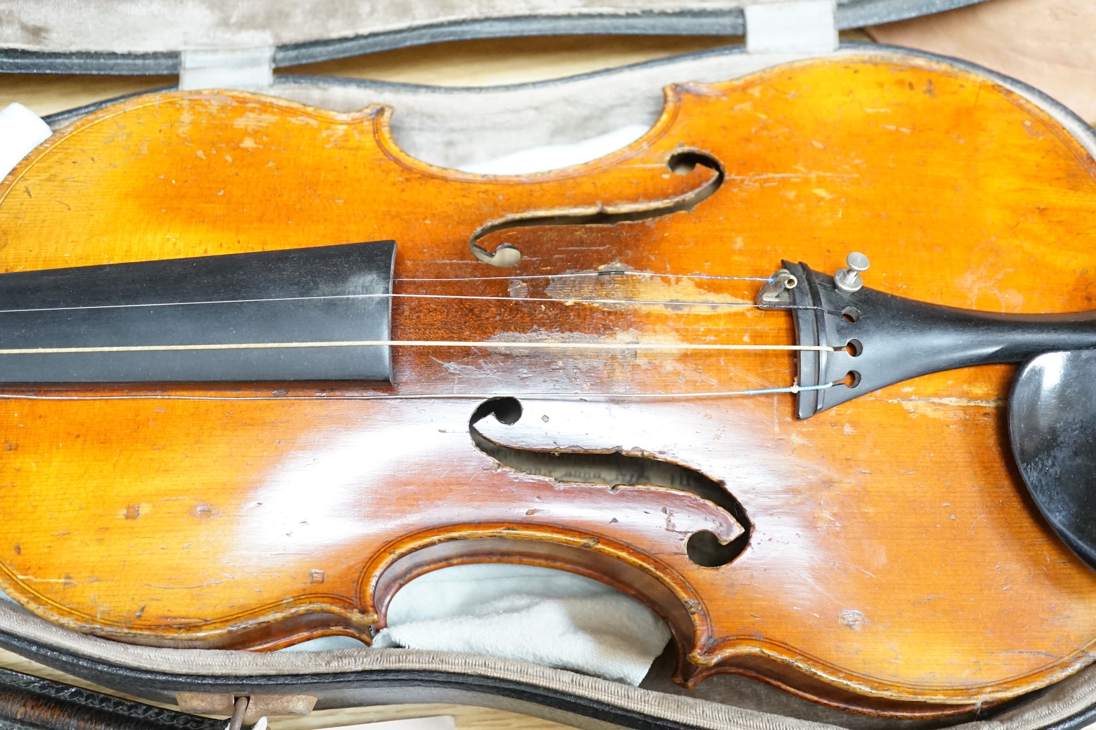 A 19th century French Grandjon school violin, labelled Joseph Guarnerins fecit Cremonae anno 1719 IHS, length of back 35.5 cm (14in.), cased